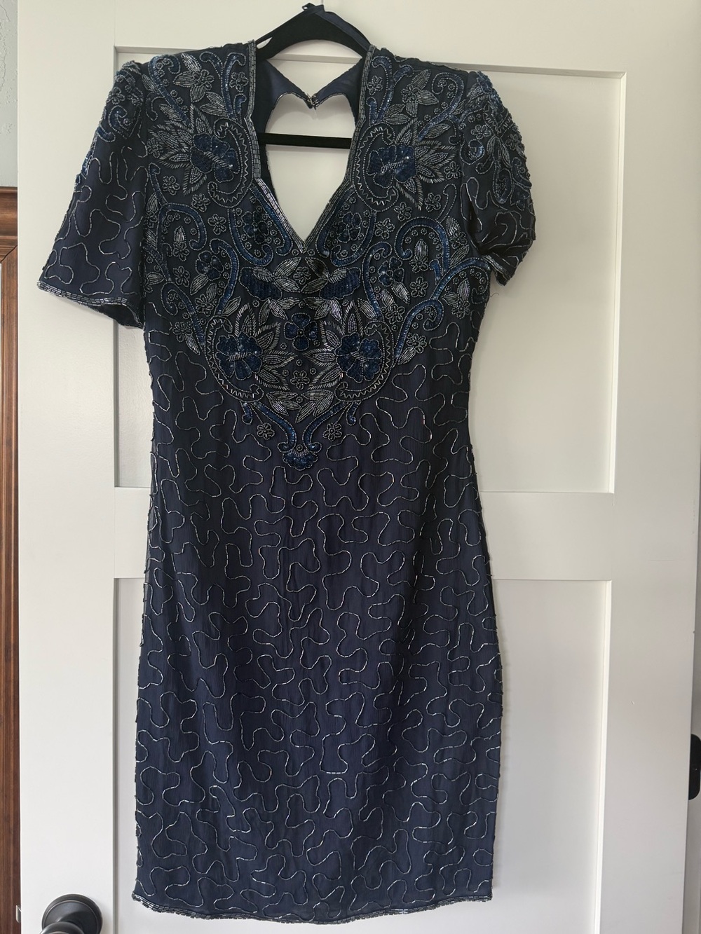 Vintage Scala 100% Silk Hand Beaded Cocktail Dress – Navy Blue – Size M